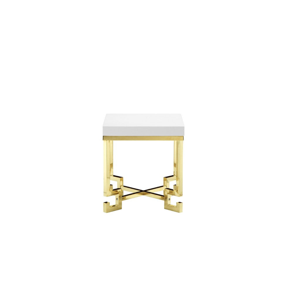Wooden Square Side Table with Designer Metal Feet and X Crossed Support, White and Gold