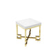 Wooden Square Side Table with Designer Metal Feet and X Crossed Support, White and Gold