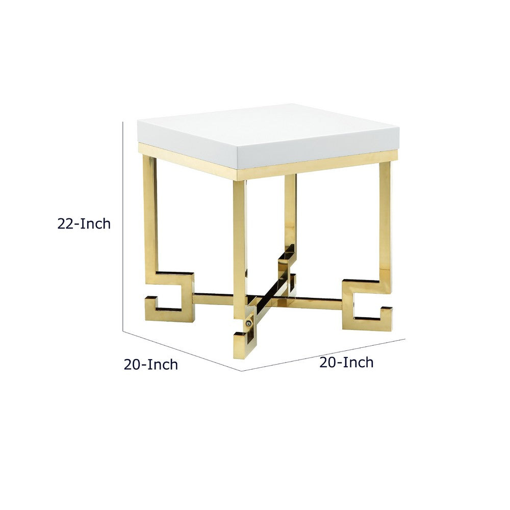 Wooden Square Side Table with Designer Metal Feet and X Crossed Support, White and Gold