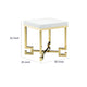 Wooden Square Side Table with Designer Metal Feet and X Crossed Support, White and Gold