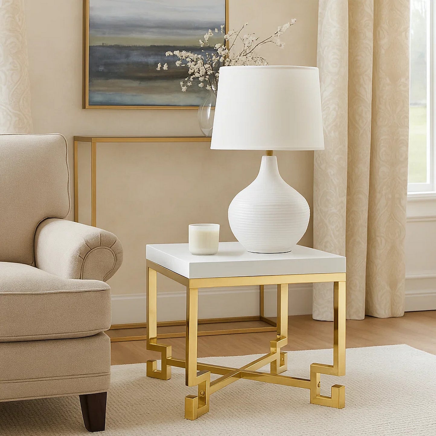 Wooden Square Side Table with Designer Metal Feet and X Crossed Support, White and Gold