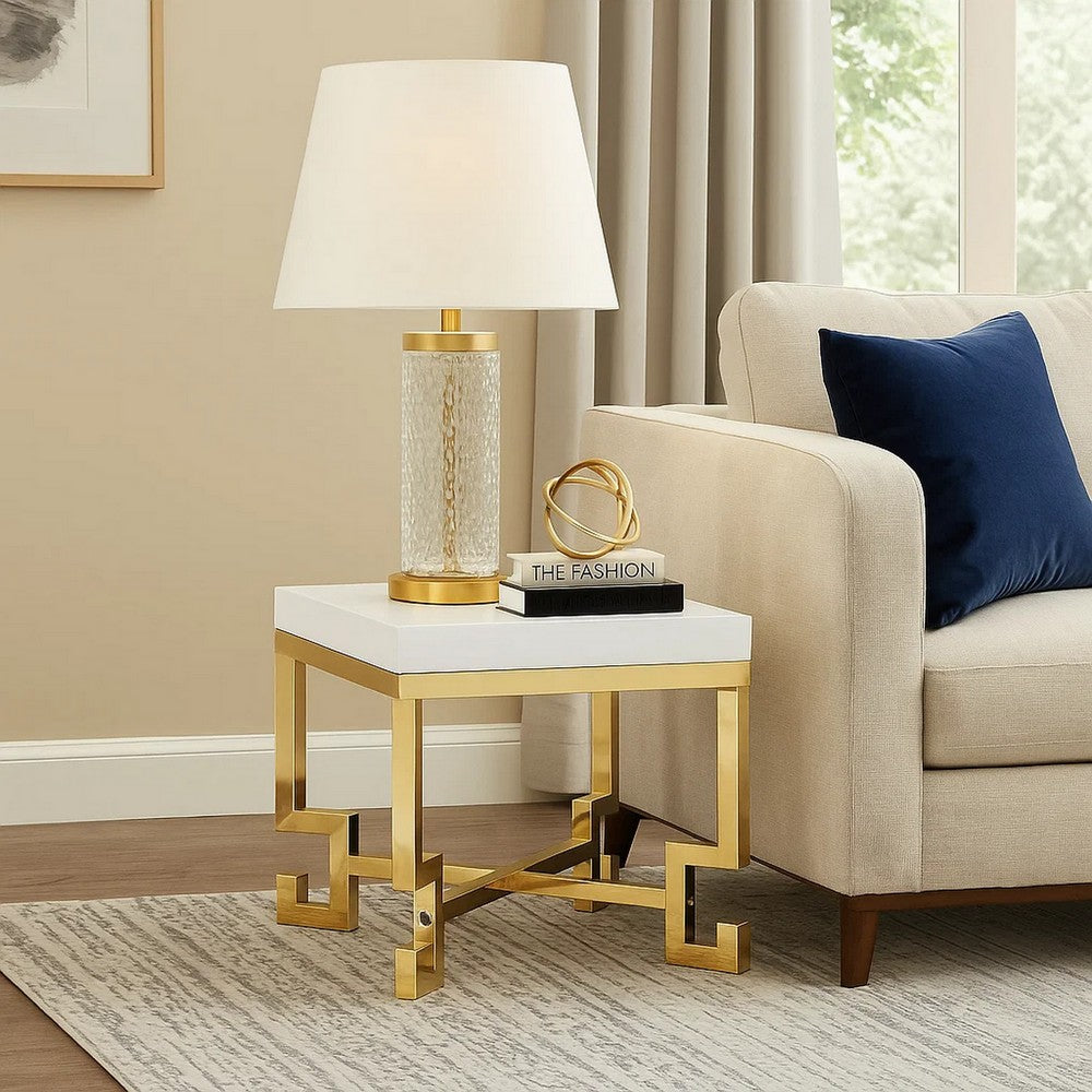Wooden Square Side Table with Designer Metal Feet and X Crossed Support, White and Gold