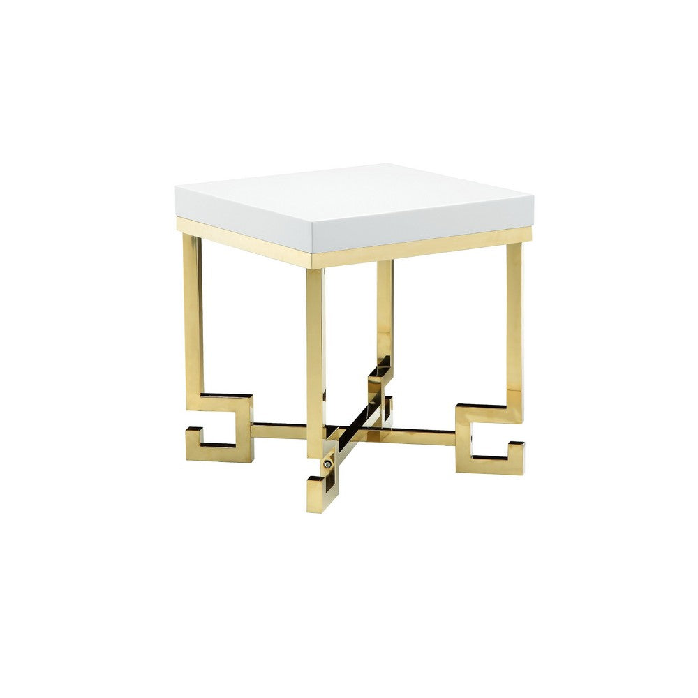 Wooden Square Side Table with Designer Metal Feet and X Crossed Support, White and Gold