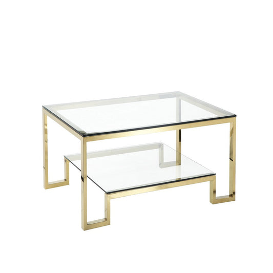Geometric Metal Framework Coffee Table with Glass Top and Open Shelf, Gold and Clear