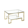 Geometric Metal Framework Coffee Table with Glass Top and Open Shelf, Gold and Clear
