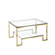 Geometric Metal Framework Coffee Table with Glass Top and Open Shelf, Gold and Clear