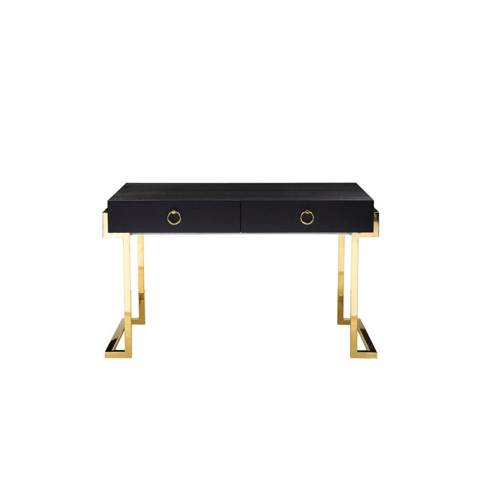 Wooden Two Drawers Writing Desk with Stainless Steel Legs, Black and Gold