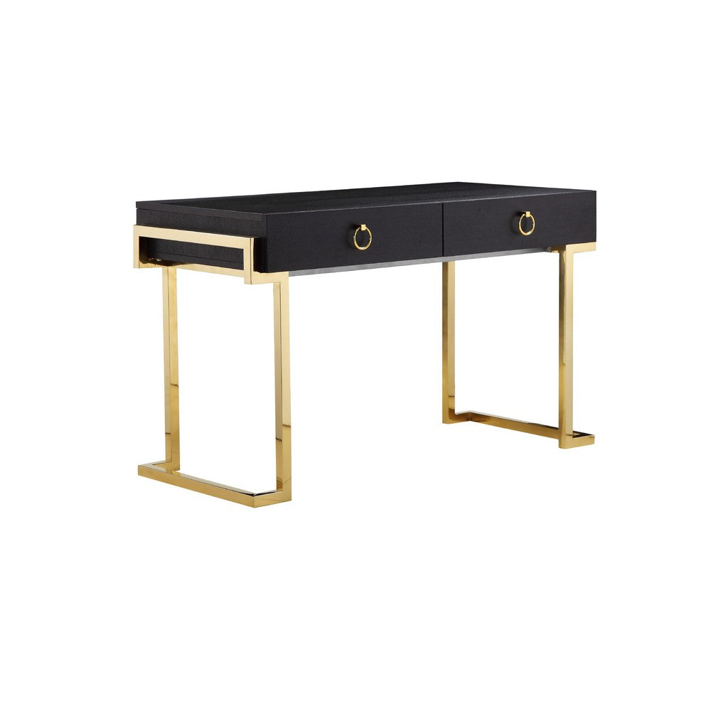 Wooden Two Drawers Writing Desk with Stainless Steel Legs, Black and Gold