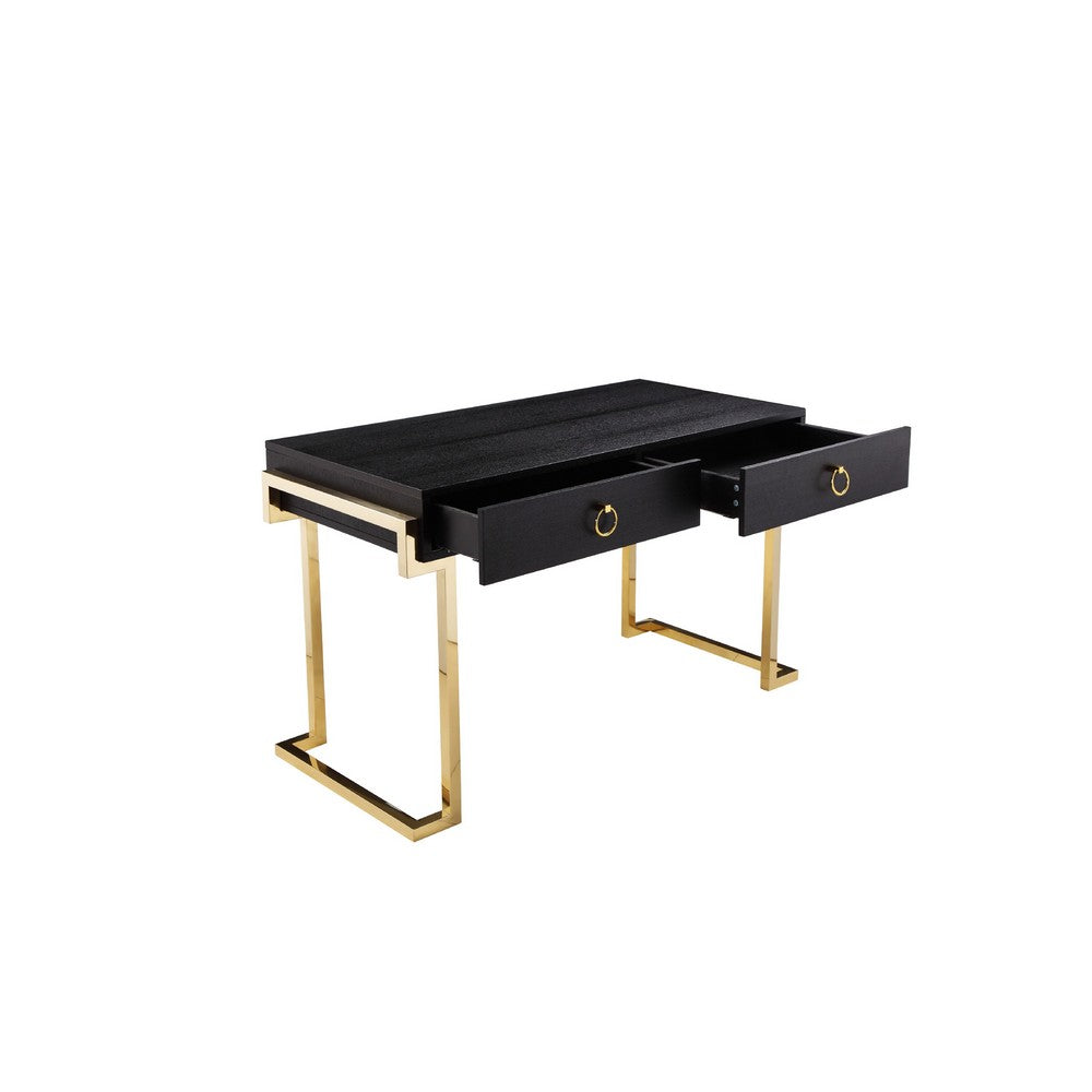 Wooden Two Drawers Writing Desk with Stainless Steel Legs, Black and Gold