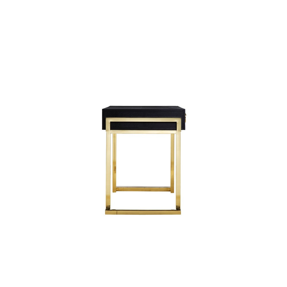 Wooden Two Drawers Writing Desk with Stainless Steel Legs, Black and Gold