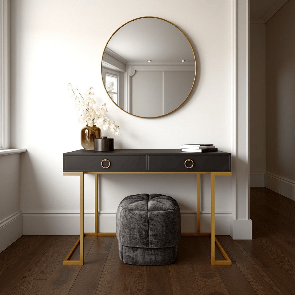 Wooden Two Drawers Writing Desk with Stainless Steel Legs, Black and Gold