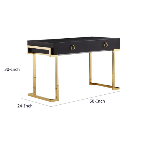 Wooden Two Drawers Writing Desk with Stainless Steel Legs, Black and Gold