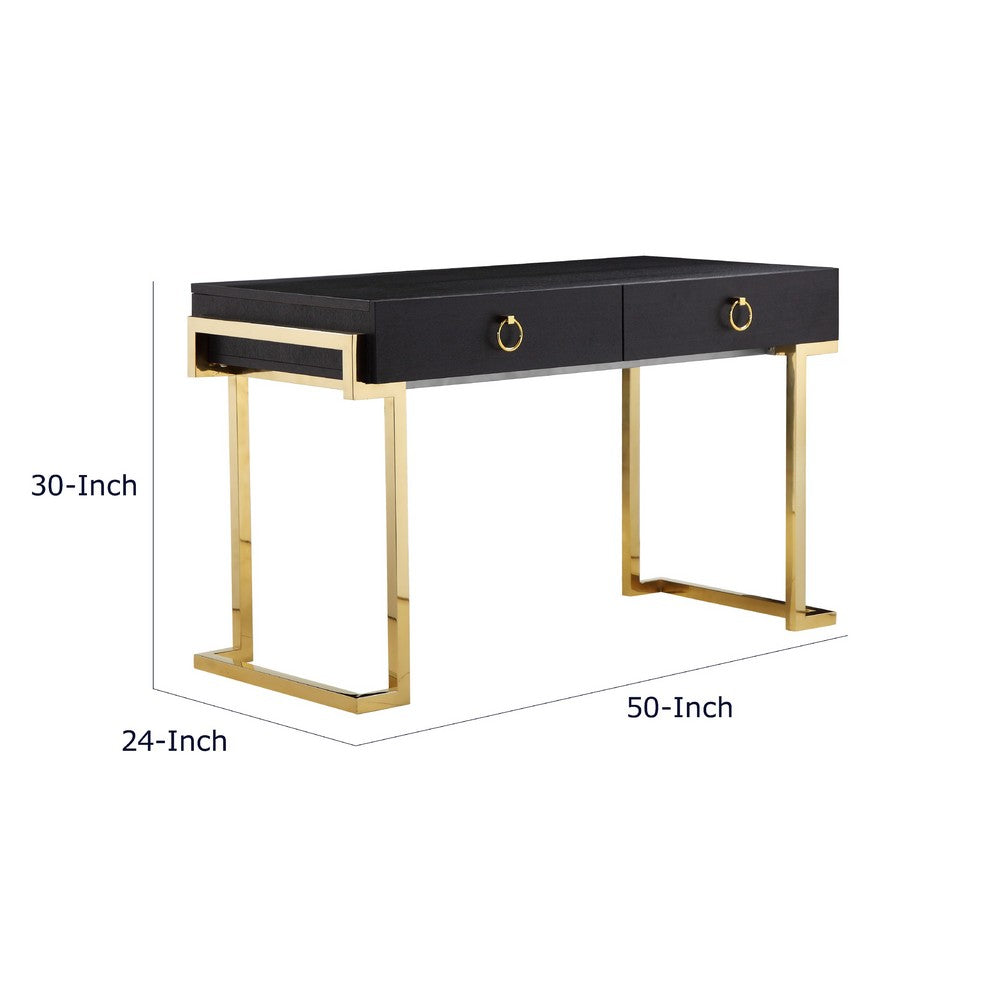 Wooden Two Drawers Writing Desk with Stainless Steel Legs, Black and Gold