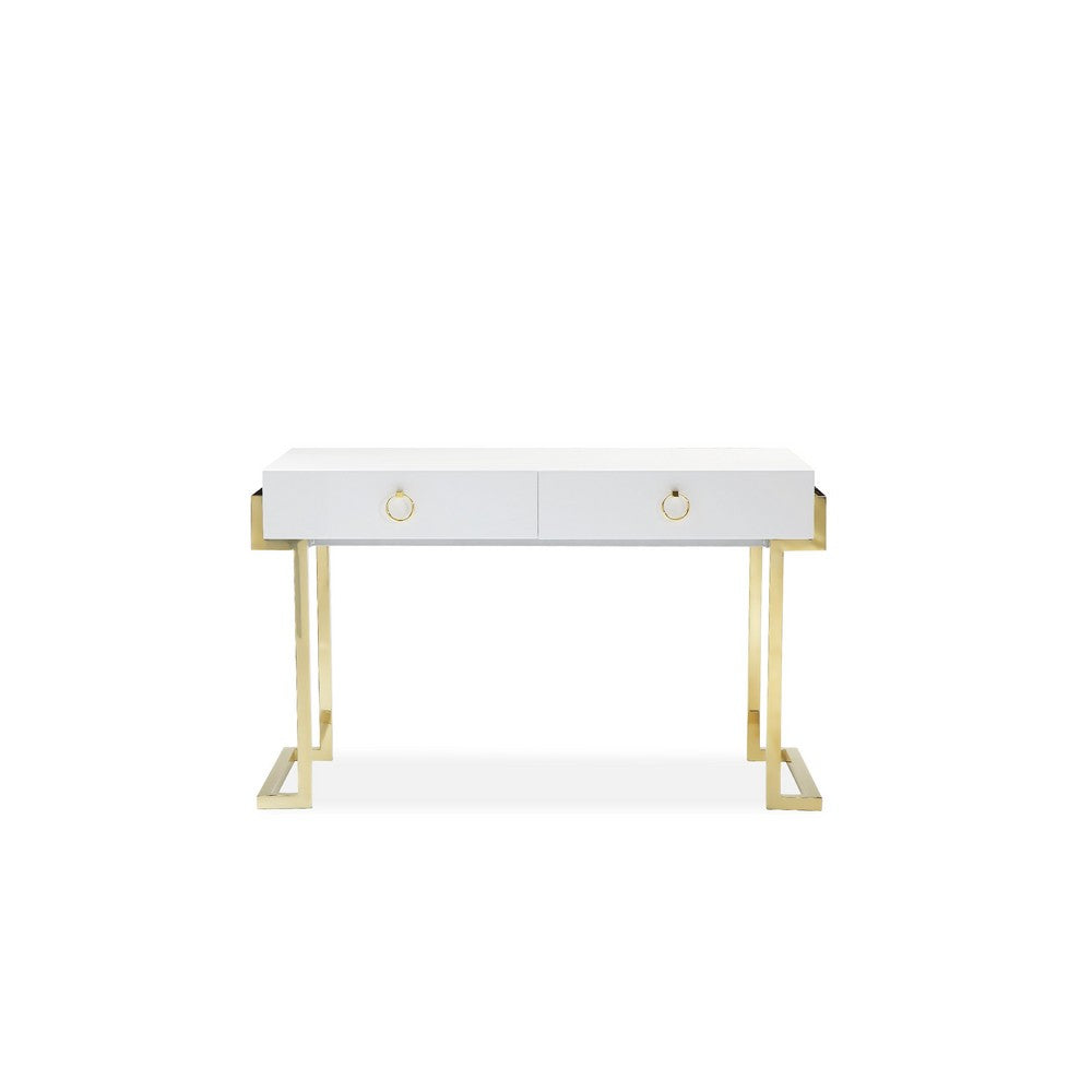 Wooden Two Drawers Writing Desk with Stainless Steel Legs, White and Gold