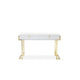 Wooden Two Drawers Writing Desk with Stainless Steel Legs, White and Gold