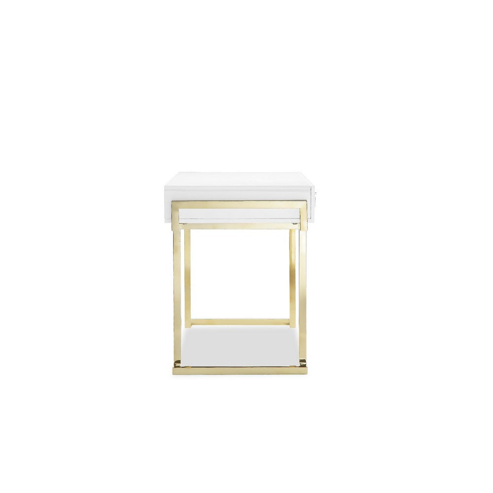 Wooden Two Drawers Writing Desk with Stainless Steel Legs, White and Gold