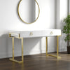 Wooden Two Drawers Writing Desk with Stainless Steel Legs, White and Gold