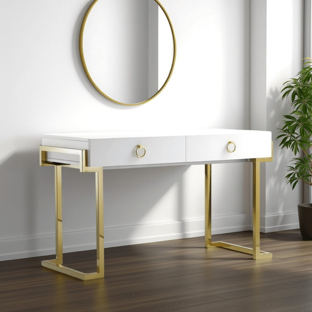 Wooden Two Drawers Writing Desk with Stainless Steel Legs, White and Gold