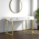 Wooden Two Drawers Writing Desk with Stainless Steel Legs, White and Gold
