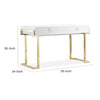 Wooden Two Drawers Writing Desk with Stainless Steel Legs, White and Gold