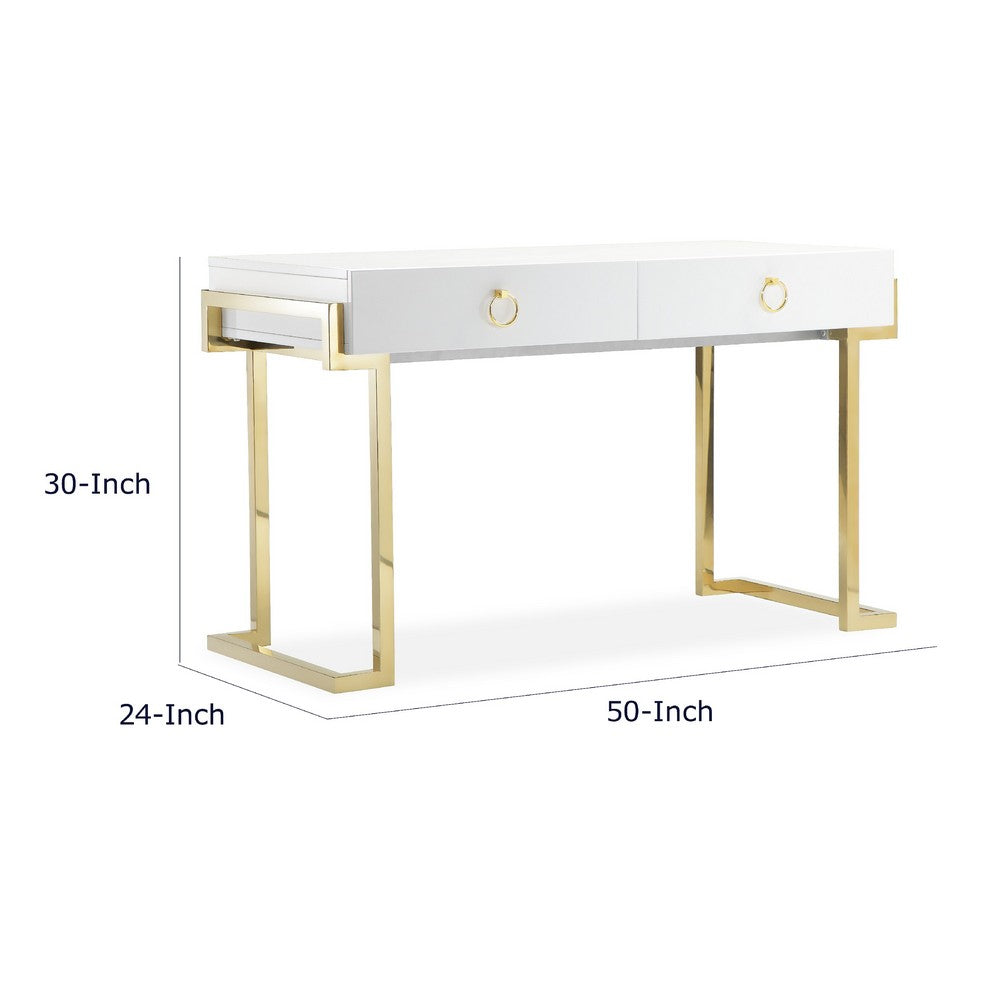 Wooden Two Drawers Writing Desk with Stainless Steel Legs, White and Gold