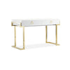 Wooden Two Drawers Writing Desk with Stainless Steel Legs, White and Gold