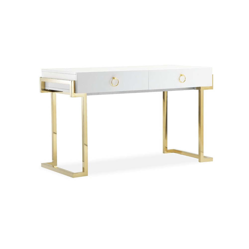 Wooden Two Drawers Writing Desk with Stainless Steel Legs, White and Gold