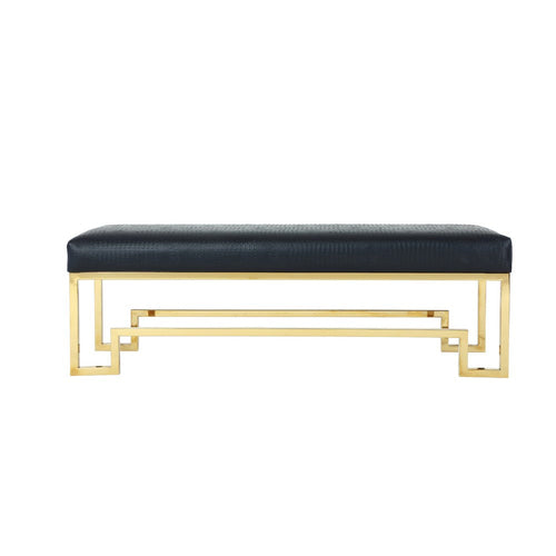 Rectangular Faux Leather Upholstered Bench with Stainless Steel Base, Black and Gold