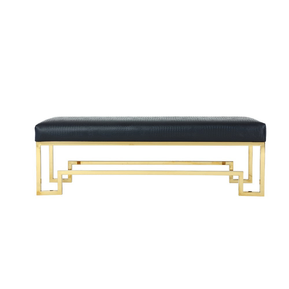 Rectangular Faux Leather Upholstered Bench with Stainless Steel Base, Black and Gold