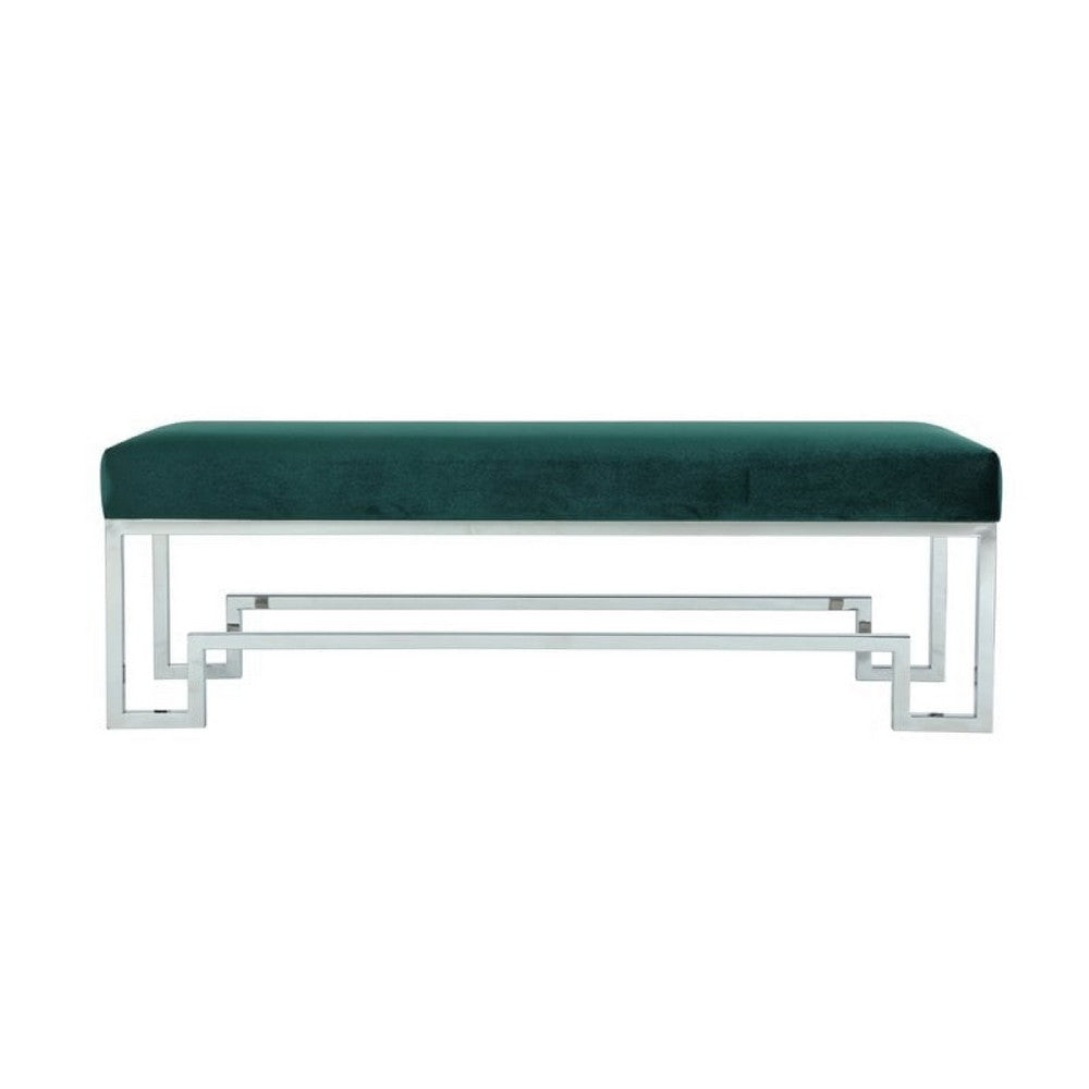 Rectangular Velvet Upholstered Bench with Stainless Steel Base, Green and Gold