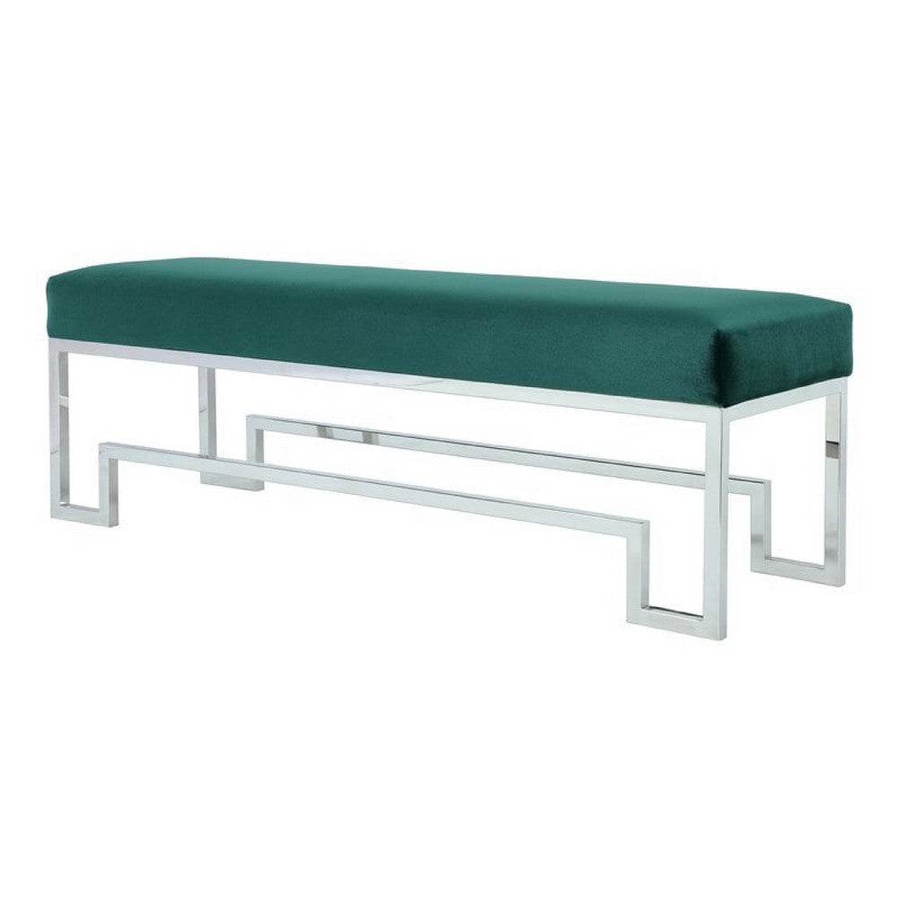 Rectangular Velvet Upholstered Bench with Stainless Steel Base, Green and Gold