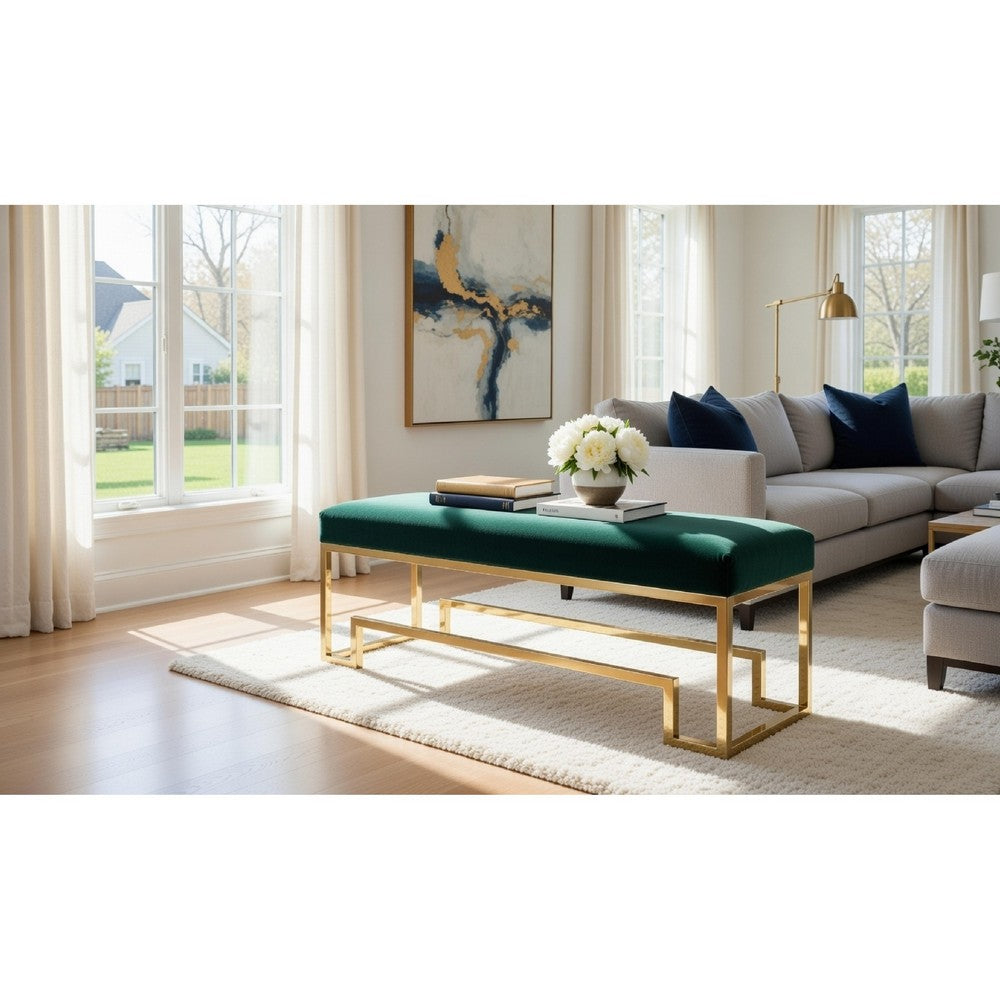 Rectangular Velvet Upholstered Bench with Stainless Steel Base, Green and Gold