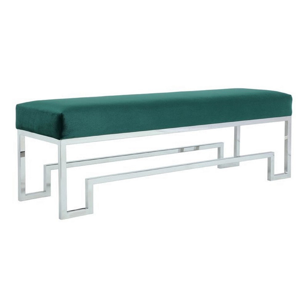 Rectangular Velvet Upholstered Bench with Stainless Steel Base, Green and Gold