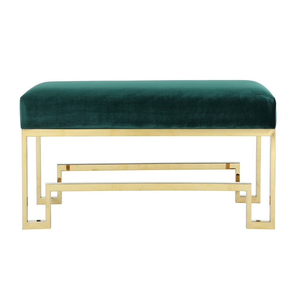 Rectangular Velvet Upholstered Bench with Stainless Steel Base, Green and Gold