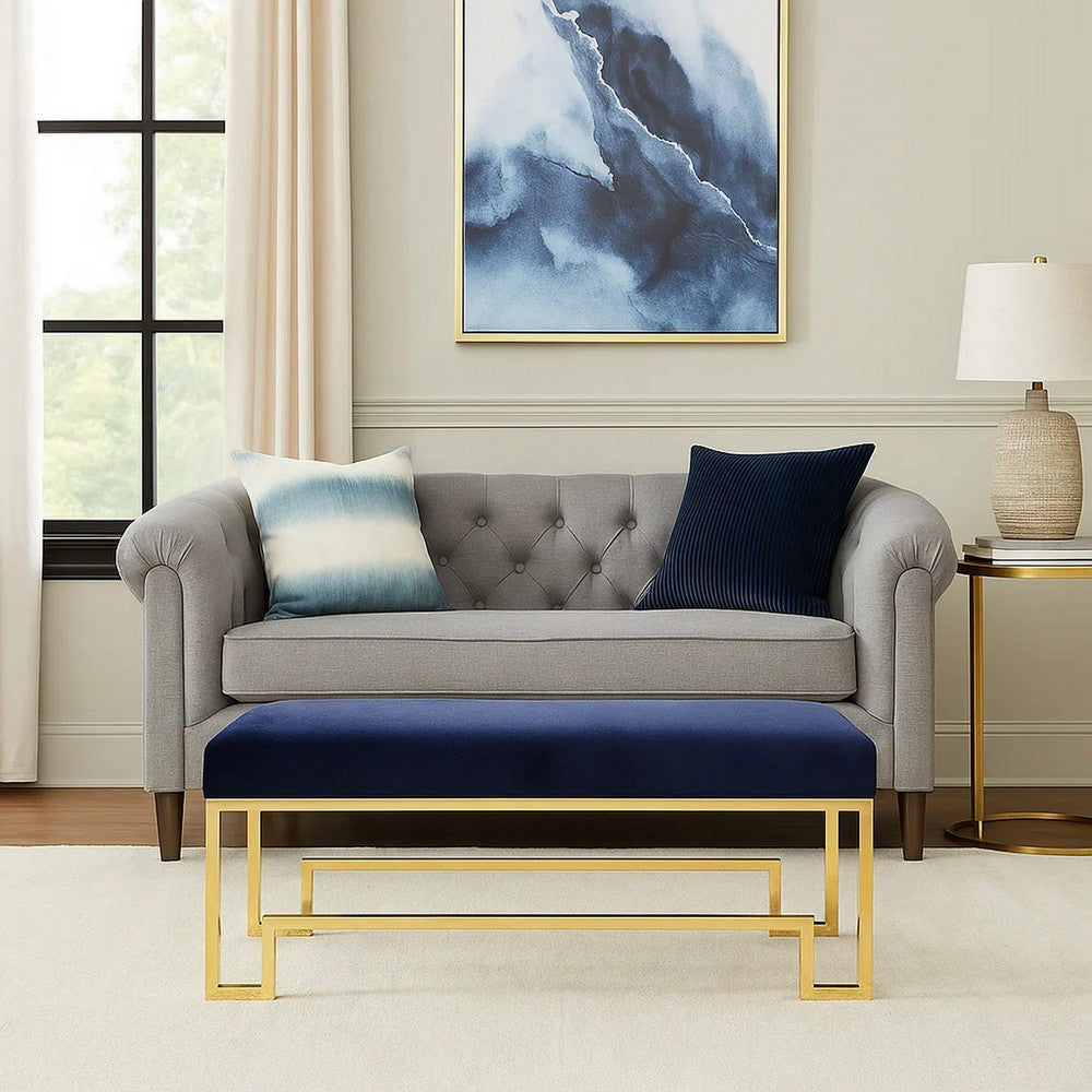 Rectangular Velvet Upholstered Bench with Stainless Steel Base, Blue and Gold