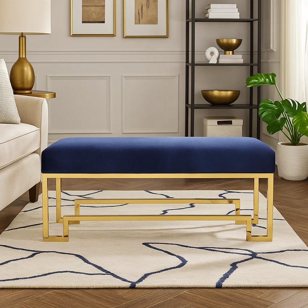 Rectangular Velvet Upholstered Bench with Stainless Steel Base, Blue and Gold