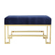 Rectangular Velvet Upholstered Bench with Stainless Steel Base, Blue and Gold