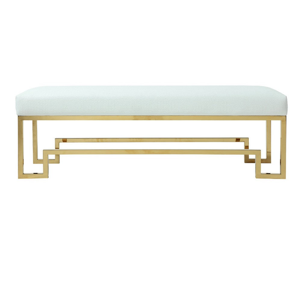 Rectangular Faux Leather Upholstered Bench with Stainless Steel Base, White and Gold