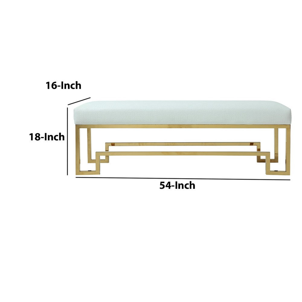 Rectangular Faux Leather Upholstered Bench with Stainless Steel Base, White and Gold