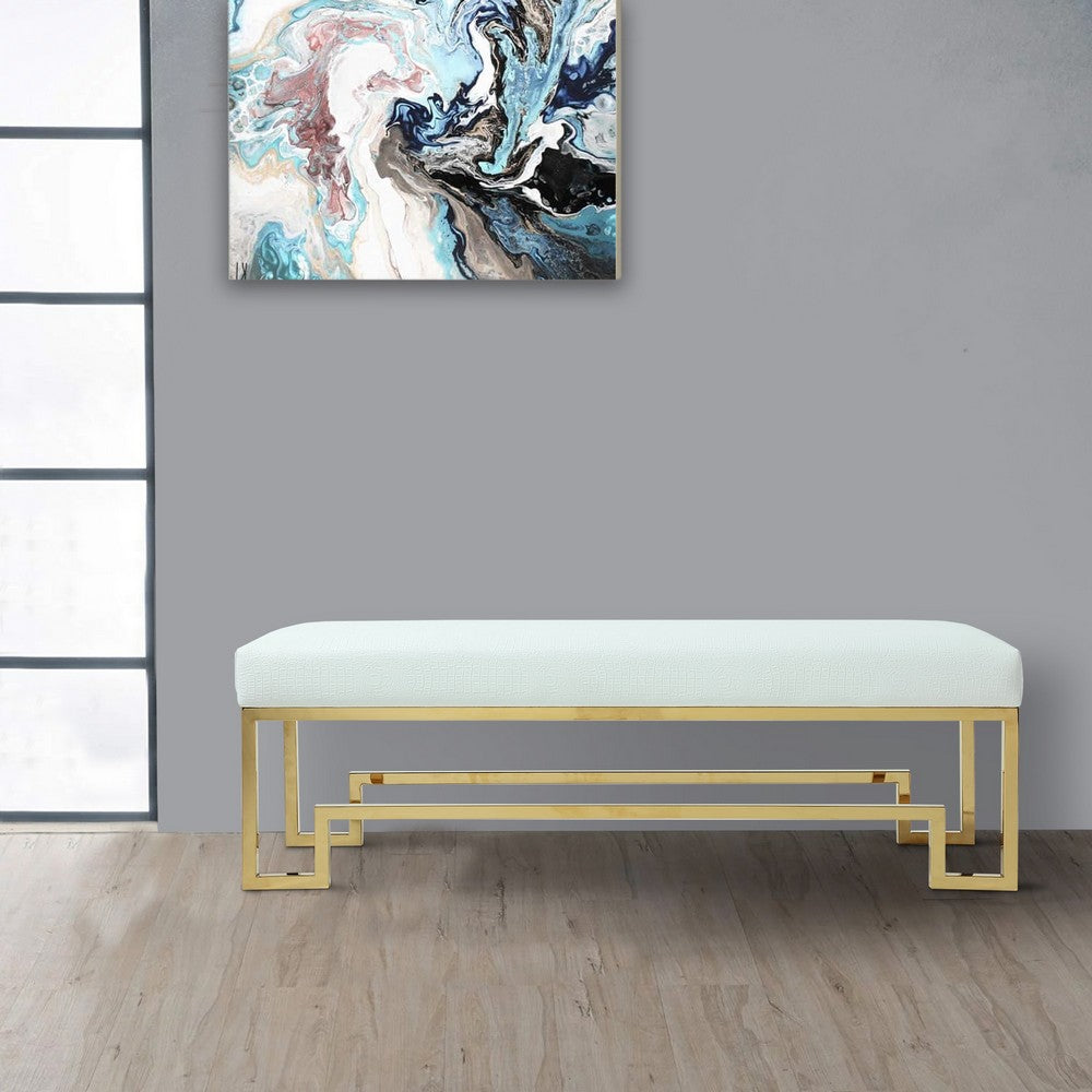 Rectangular Faux Leather Upholstered Bench with Stainless Steel Base, White and Gold
