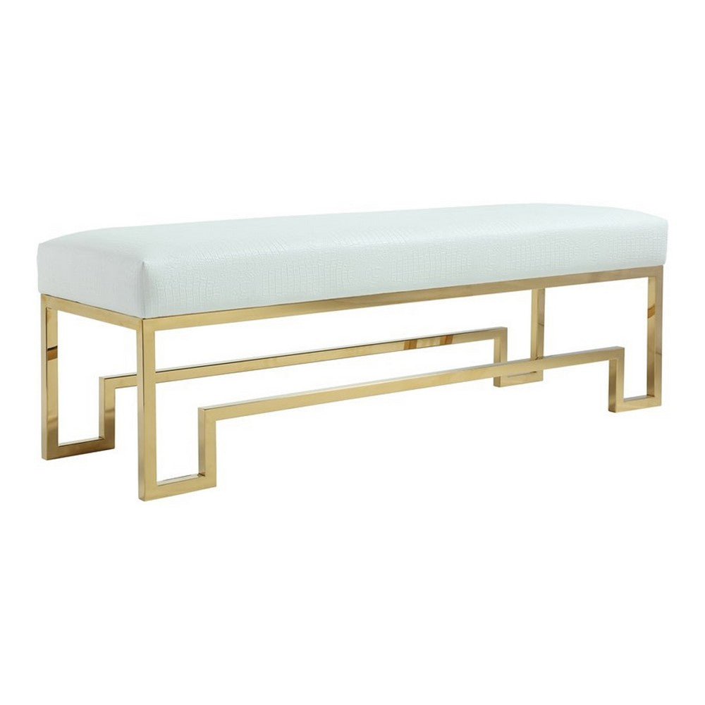 Rectangular Faux Leather Upholstered Bench with Stainless Steel Base, White and Gold
