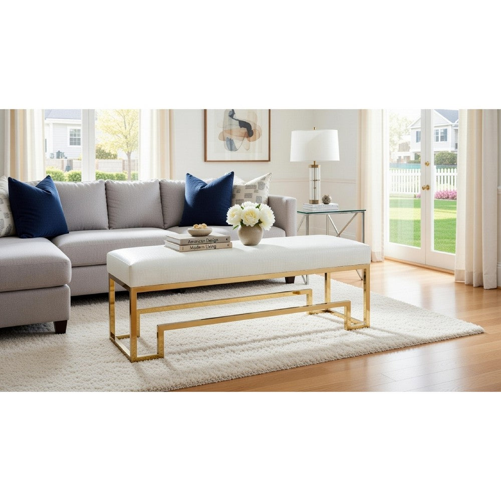 Rectangular Faux Leather Upholstered Bench with Stainless Steel Base, White and Gold