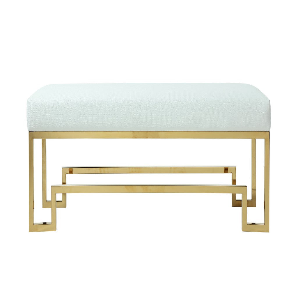 Rectangular Faux Leather Upholstered Bench with Stainless Steel Base, White and Gold