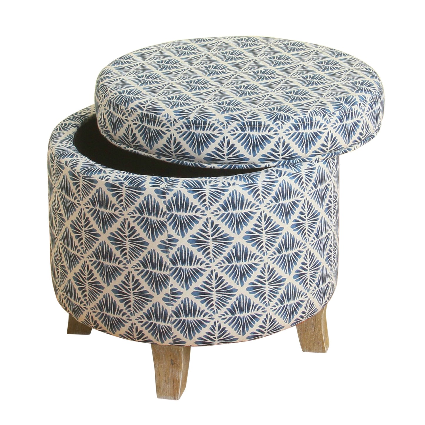 Round Shaped Fabric Upholstered Wooden Ottoman with Lift Off Lid Storage, Blue and White - K7490-A811 By Casagear Home