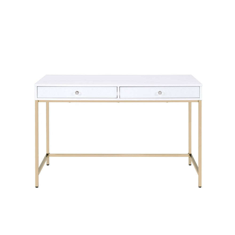 Two Drawers Wooden Desk with Tubular Metal Base White and Gold AMF-92540