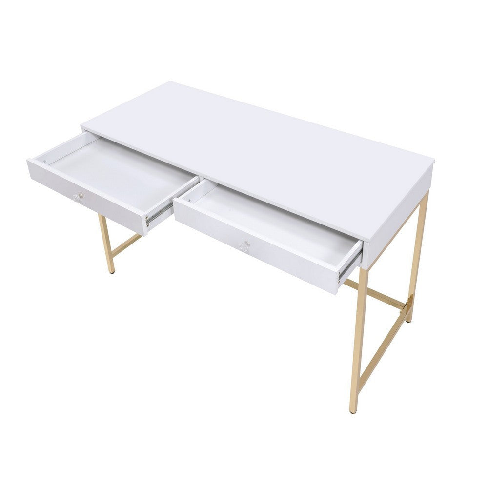 Two Drawers Wooden Desk with Tubular Metal Base White and Gold AMF-92540