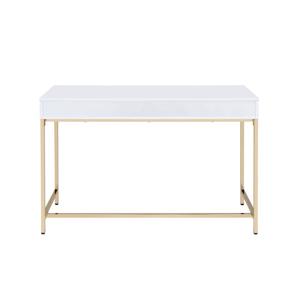 Two Drawers Wooden Desk with Tubular Metal Base White and Gold AMF-92540