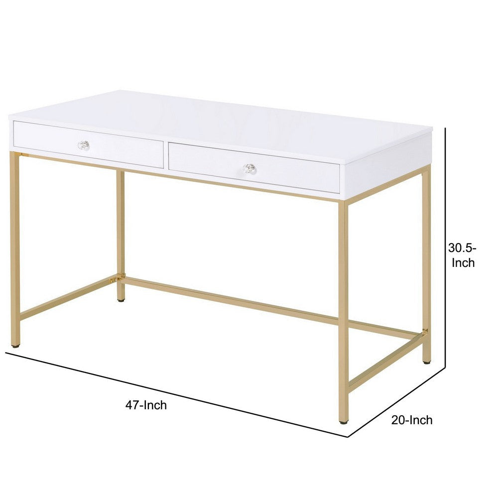 Two Drawers Wooden Desk with Tubular Metal Base White and Gold AMF-92540
