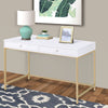 Two Drawers Wooden Desk with Tubular Metal Base, White and Gold