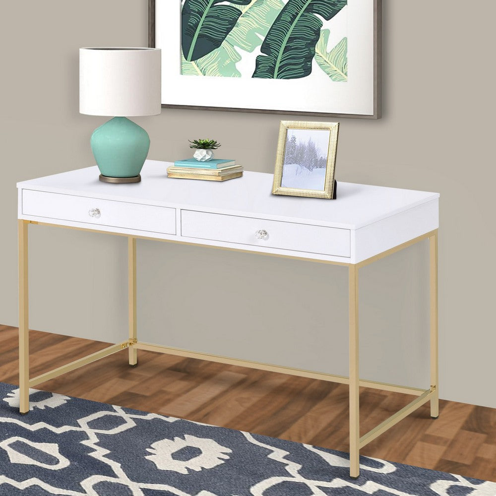 Two Drawers Wooden Desk with Tubular Metal Base, White and Gold